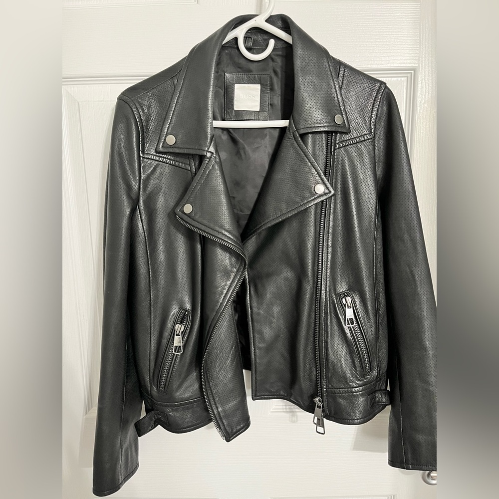 Hugo Boss black leather jacket, size 8